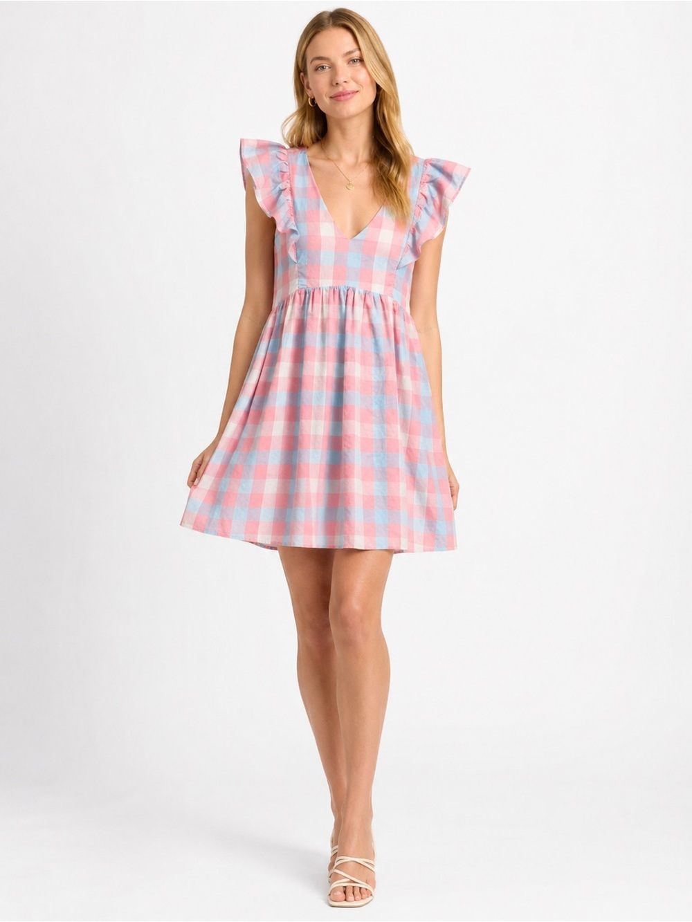 Aura Pink Blue Gingham Ruffle Babydoll Mini Cotton Sundress Size S